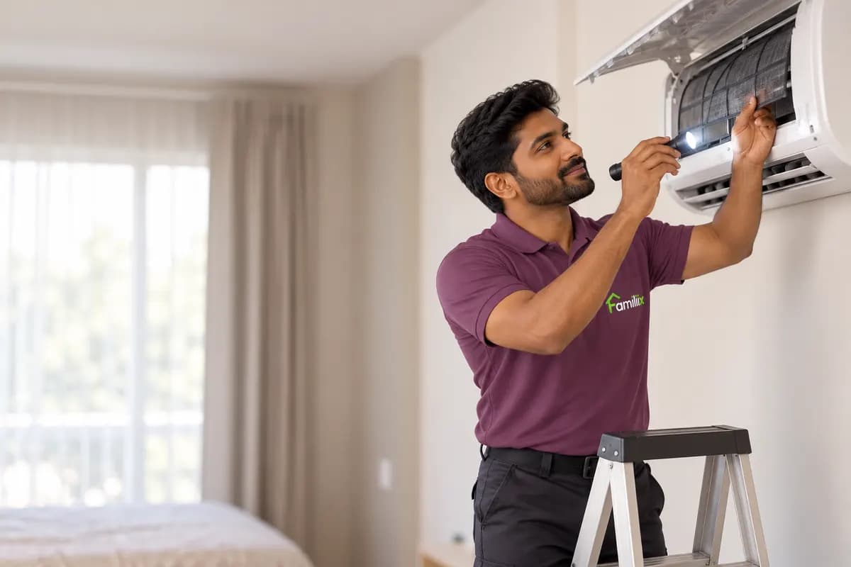 A Familiix technician in a plum uniform checking the filter of a split AC with a torch