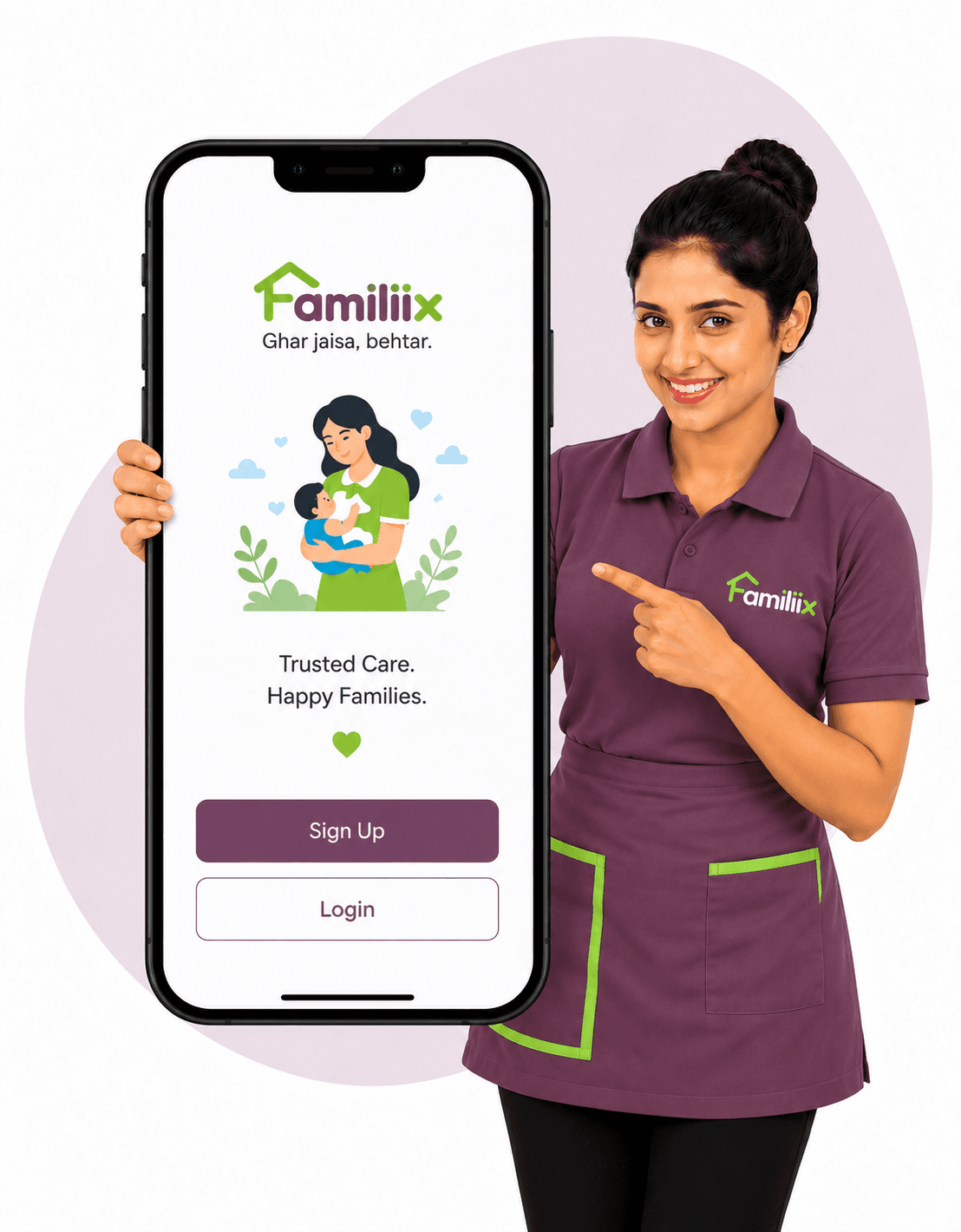 A Familiix professional holding a phone showing the Familiix app sign-up screen