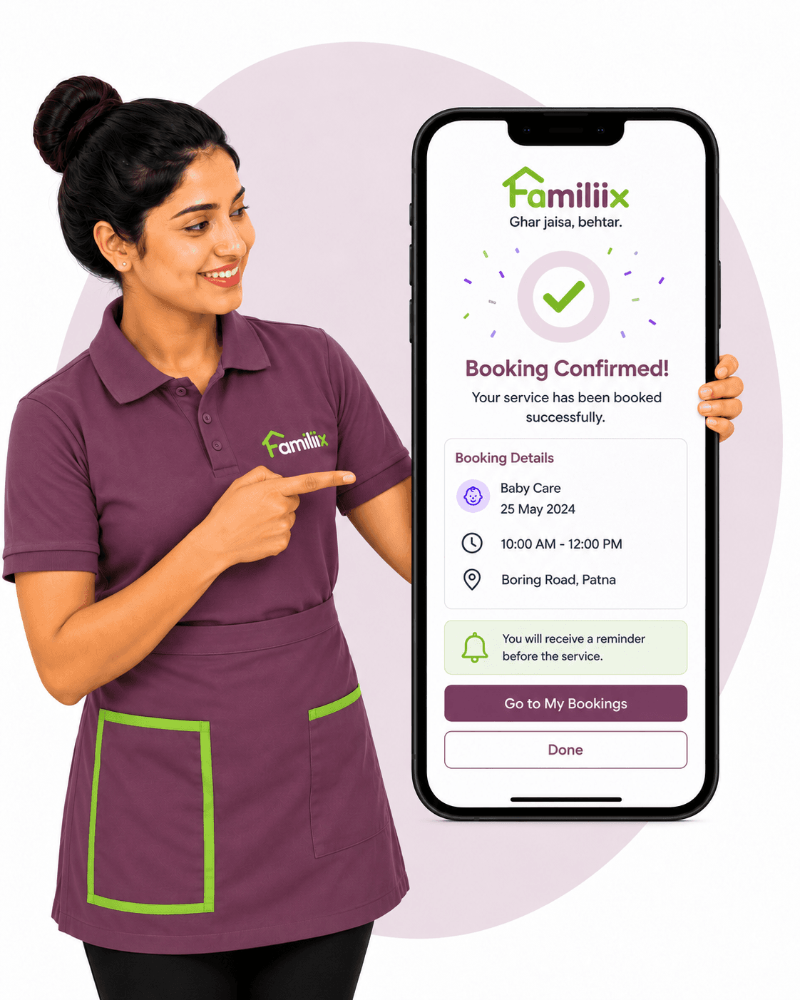 A Familiix professional pointing to the booking confirmation screen in the Familiix app